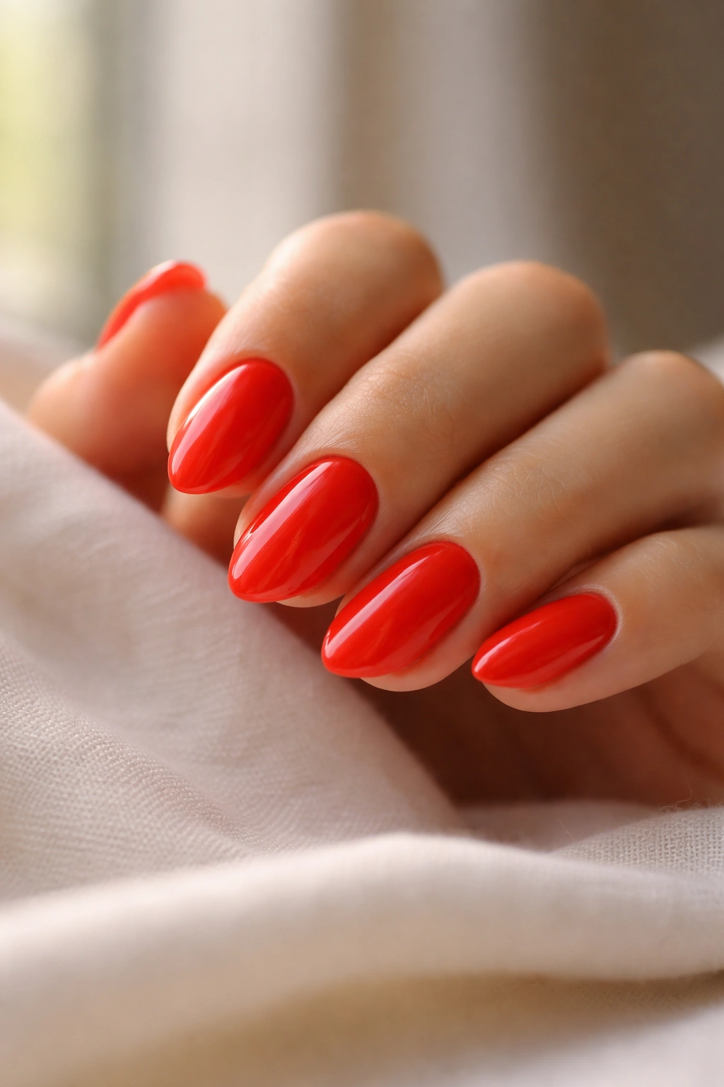 Close-up of bright tomato red almond nails on short nails.