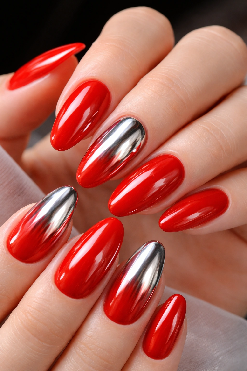 Tomato red nails with chrome mirror accents on selected nails.