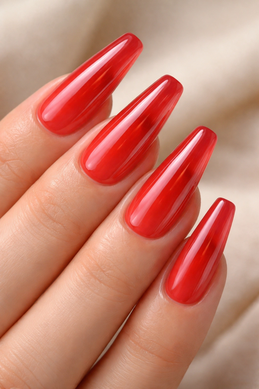 Semi-sheer tomato red jelly on ballerina nails
