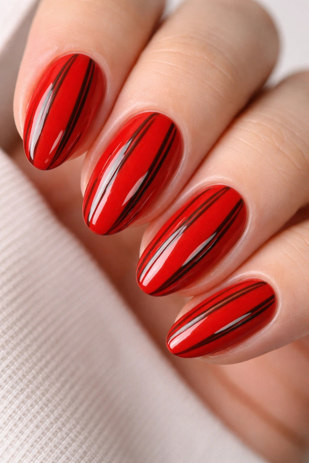 Close-up of short almond nails with tomato red base and dark chocolate stripes.