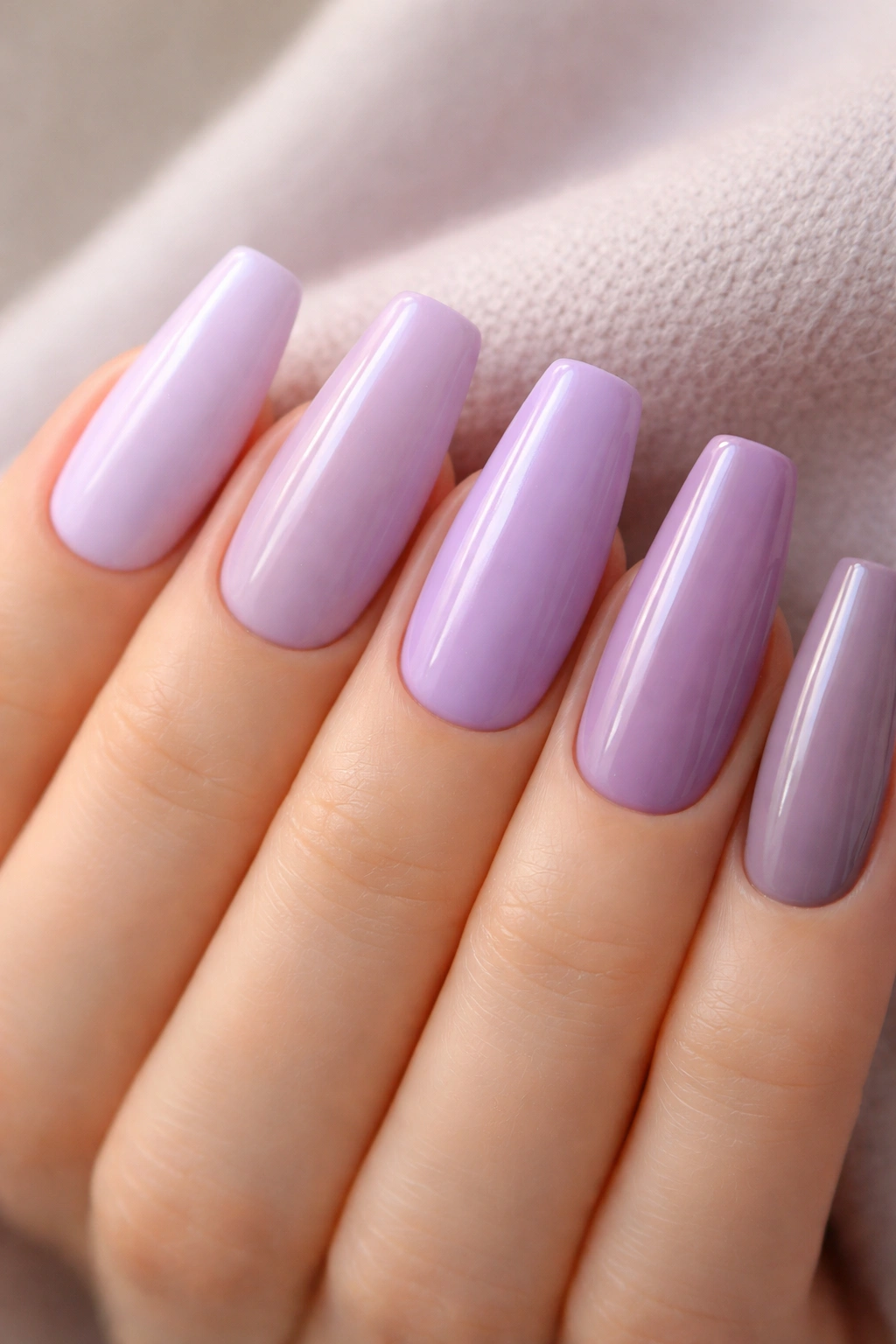 Close-up of five lilac shade nails in a skittle set on a neutral background