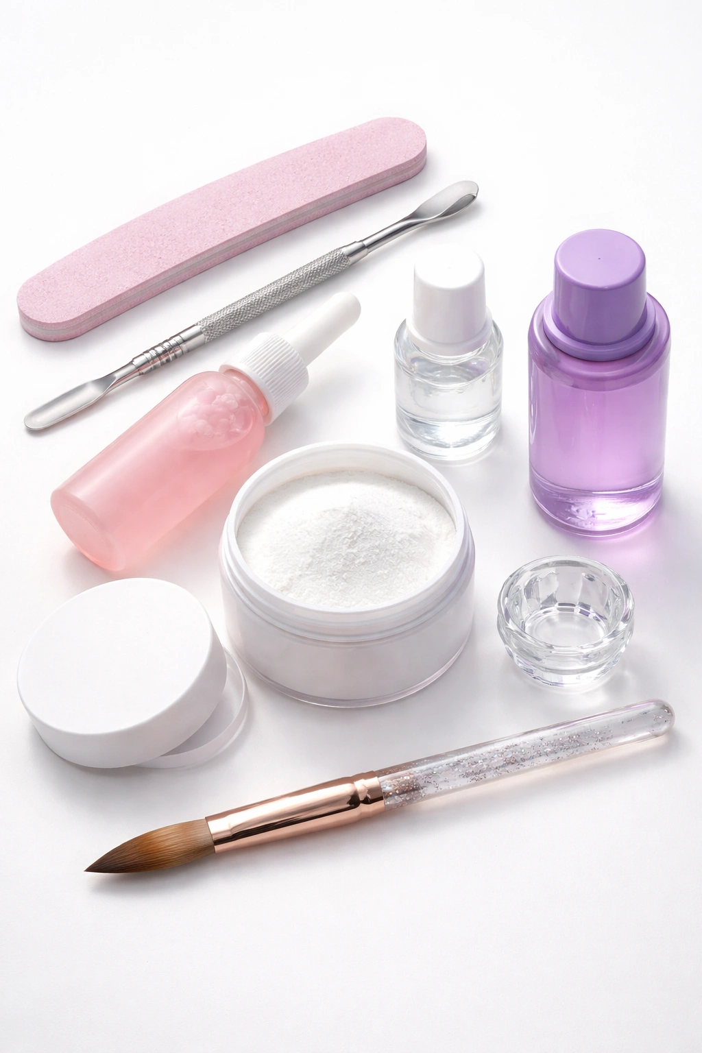 Flat lay of acrylic nail tools arranged on a clean surface