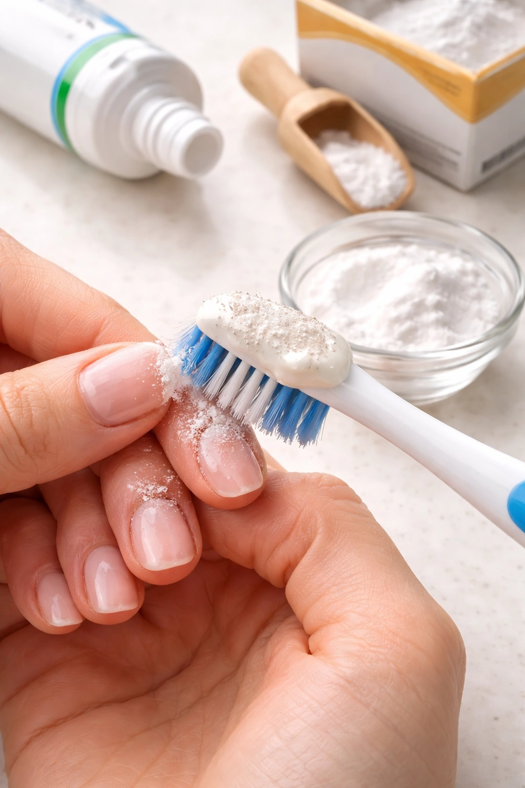 Close-up of nails being scrubbed with toothpaste and baking soda on a toothbrush