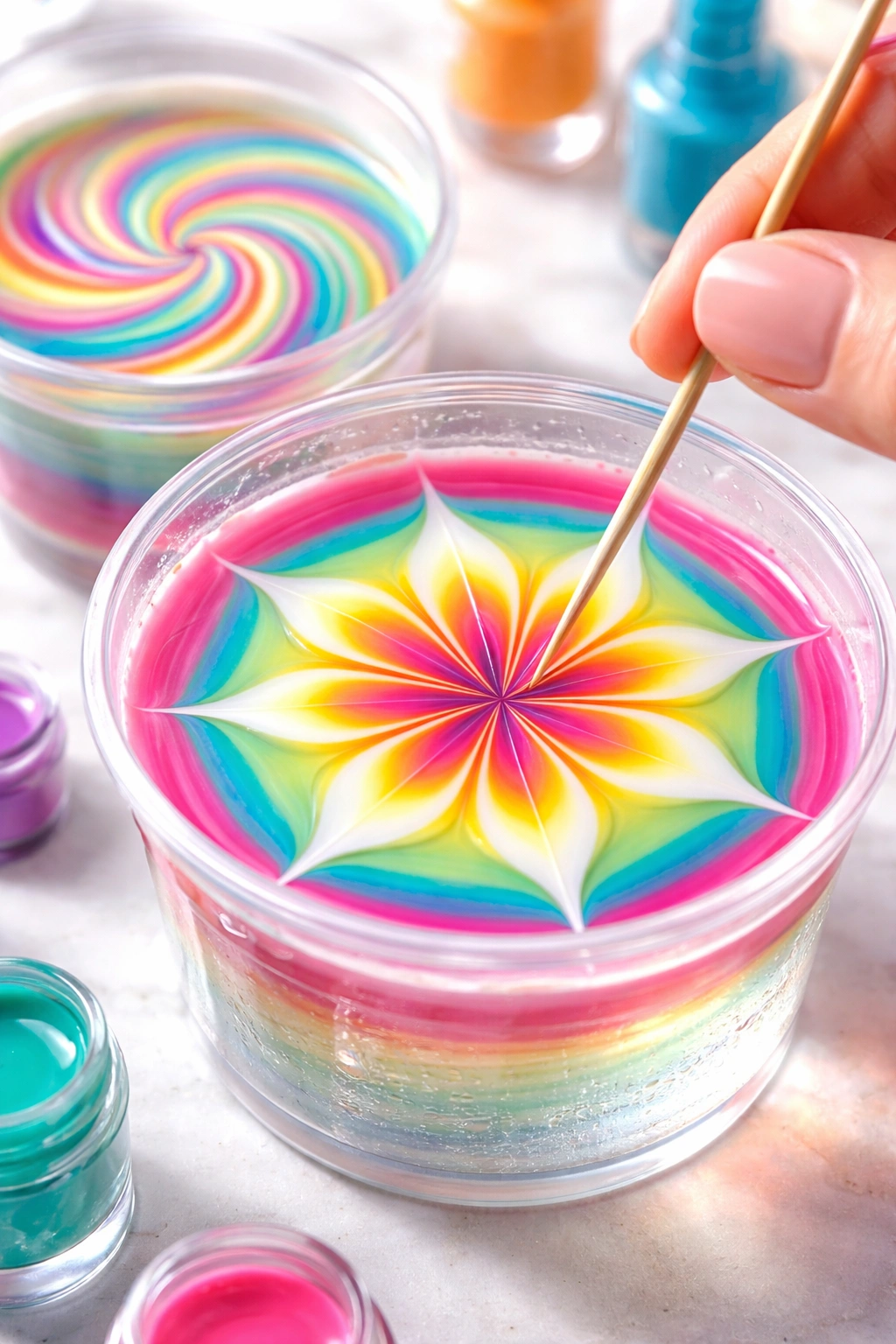 Toothpick swirling color rings in water to create starburst and spiral patterns.