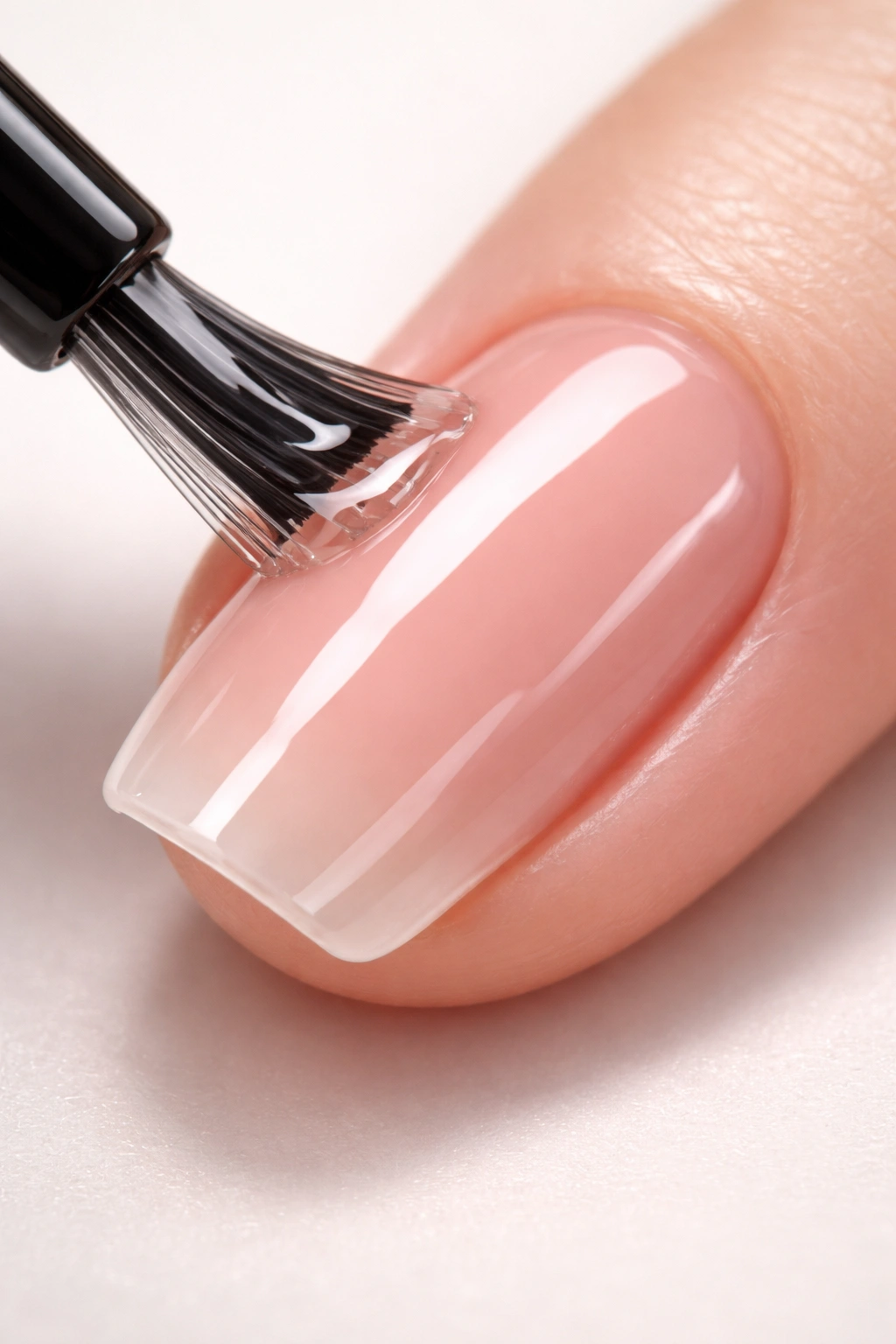 Close-up of top coat being brushed on nail with edge coverage
