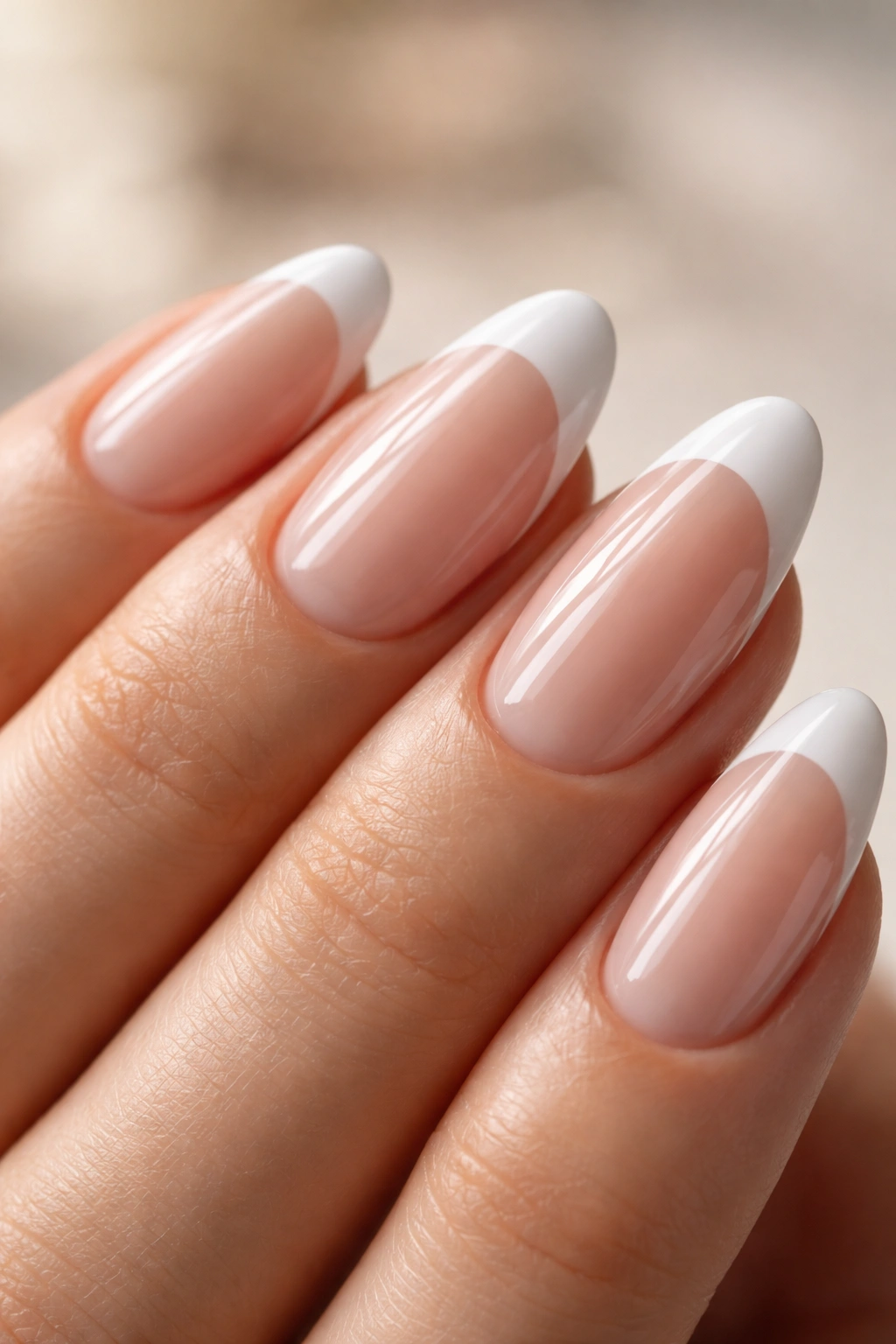 Close-up of glossy almond nails with top coat and crisp edges