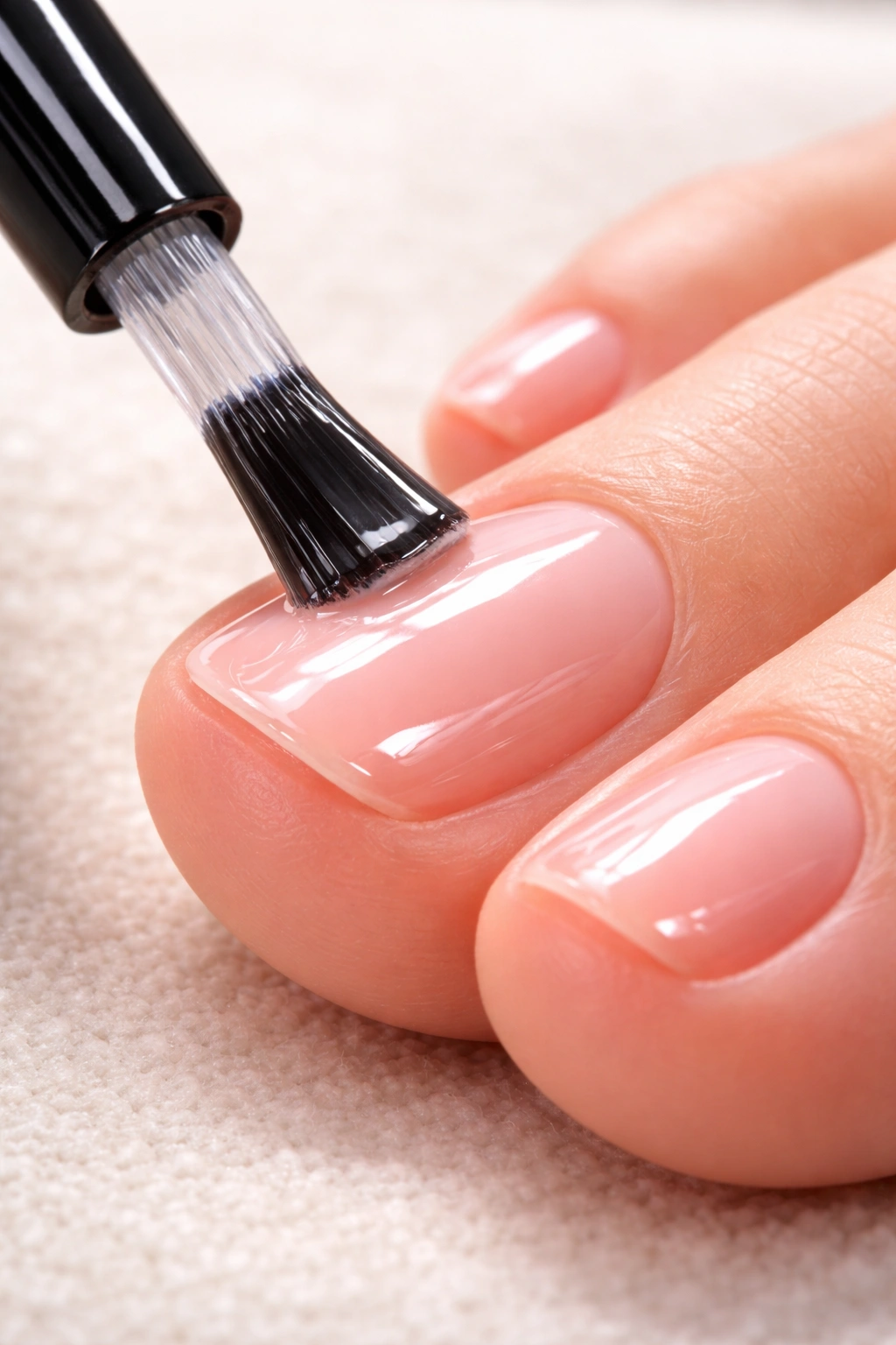 Top coat being brushed onto a gel pedicure nail