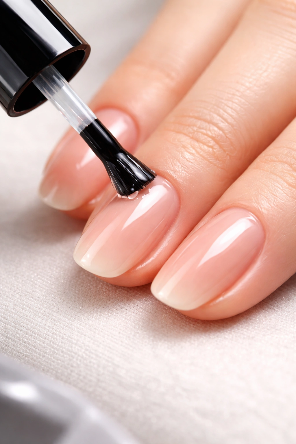 Hand applying top coat to gel nails for a weekly touch-up