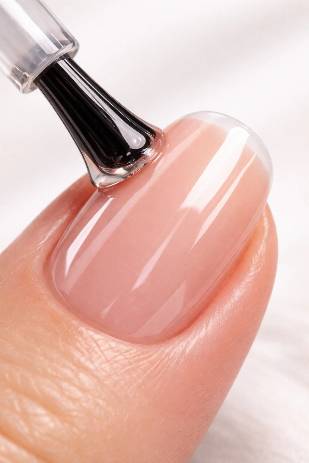 Close-up of a nail with a glossy top coat and strong shine