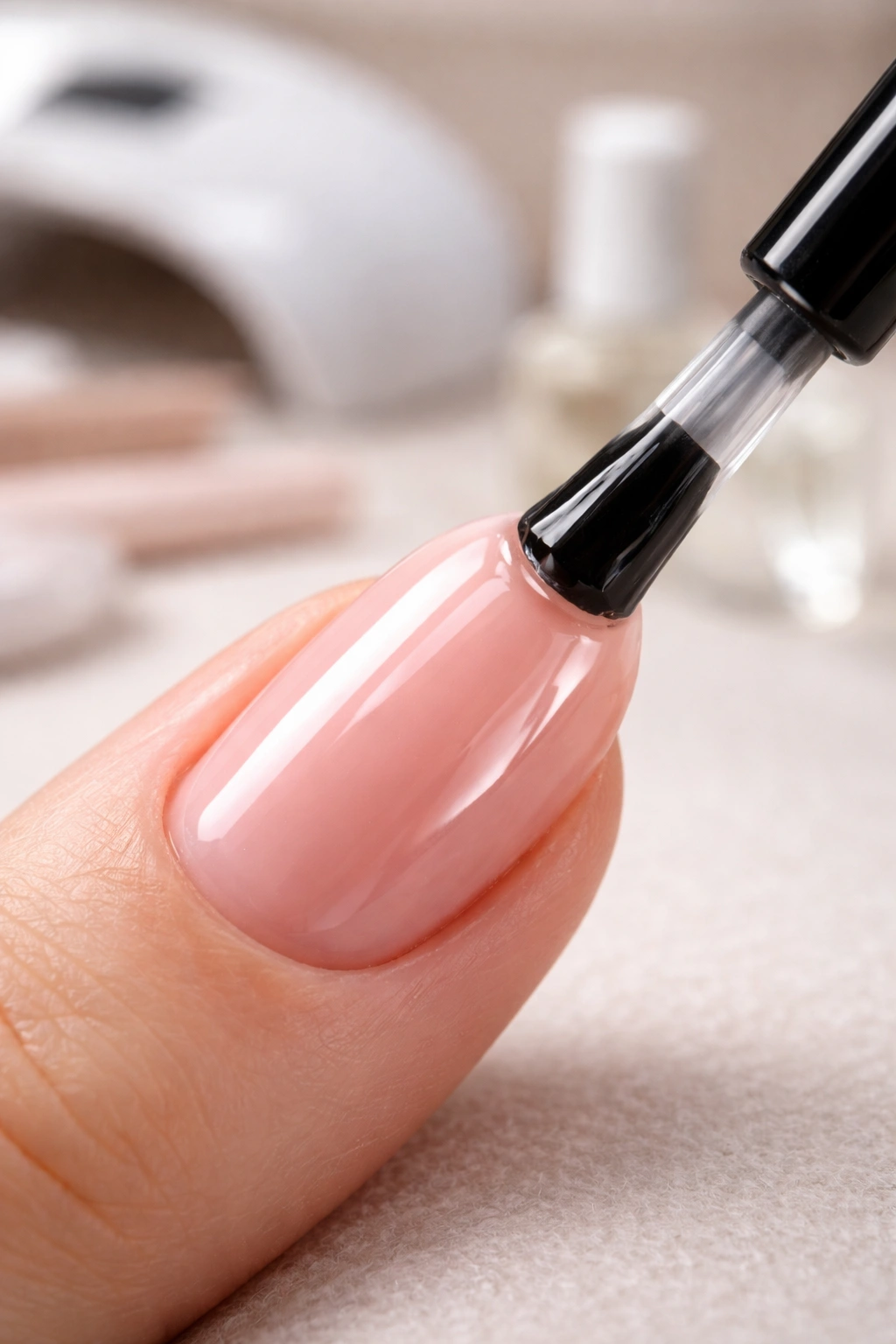 Nail being coated with glossy top coat for a shiny seal