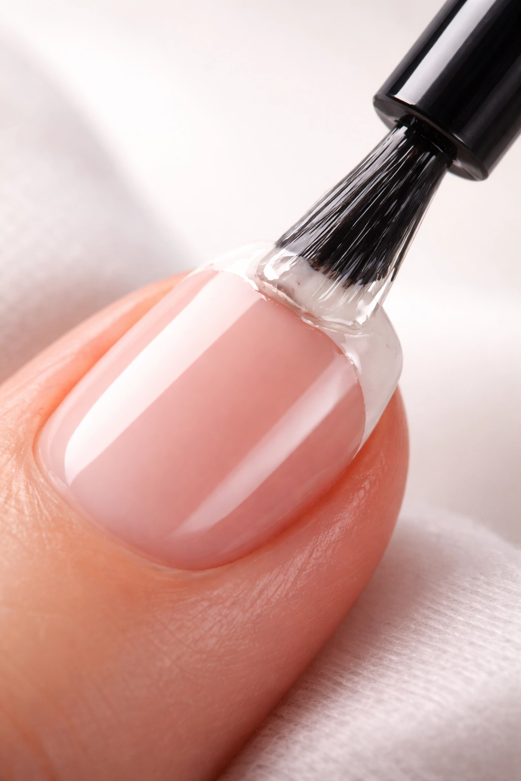 Close-up of a short nail with a glossy top coat finish