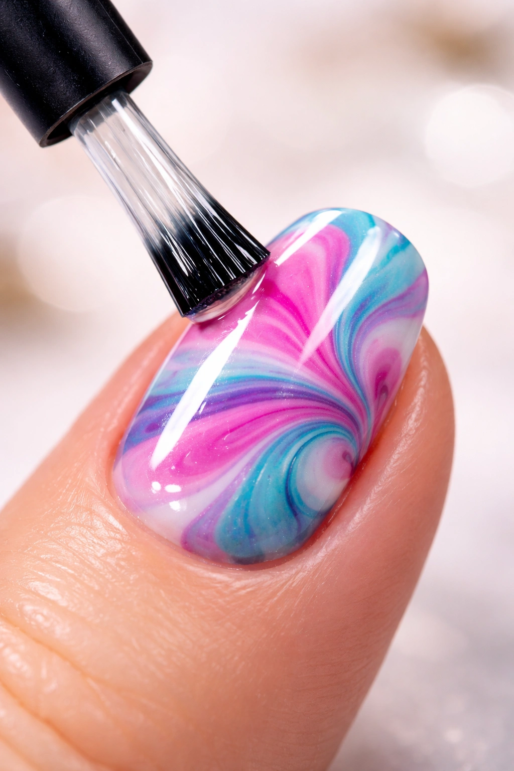 Glossy top-coated nail showing vibrant marble finish.