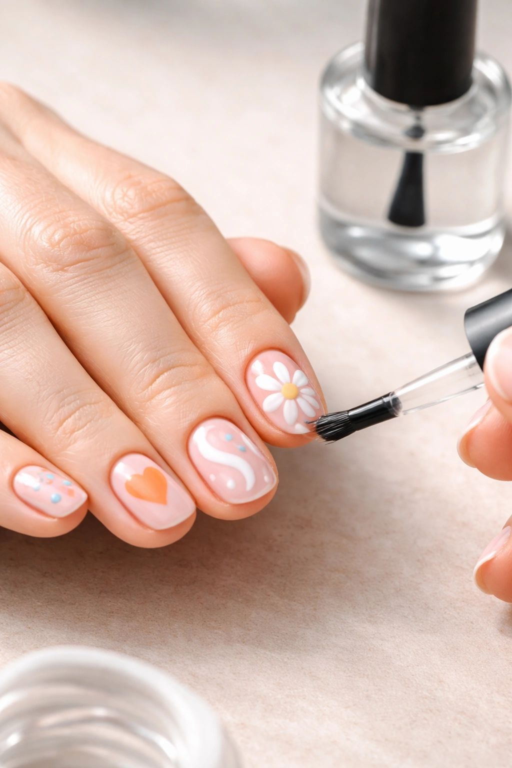 Hand applying a thin top coat to short nails with a top coat bottle nearby