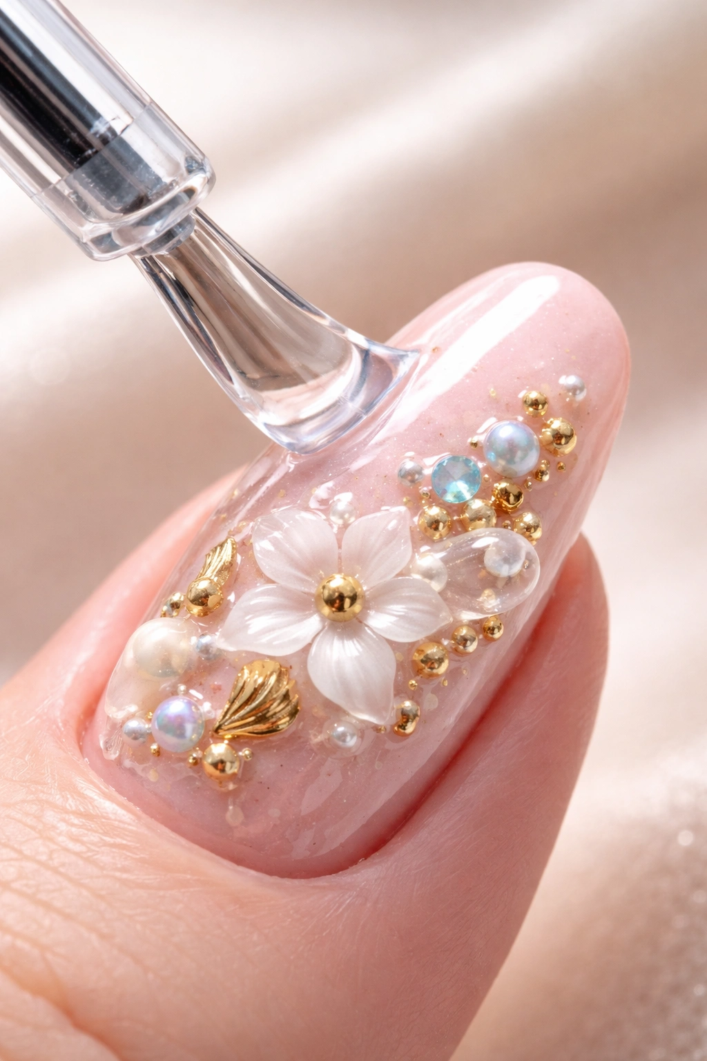 Close-up of 3D nail with glossy top coat around raised design elements