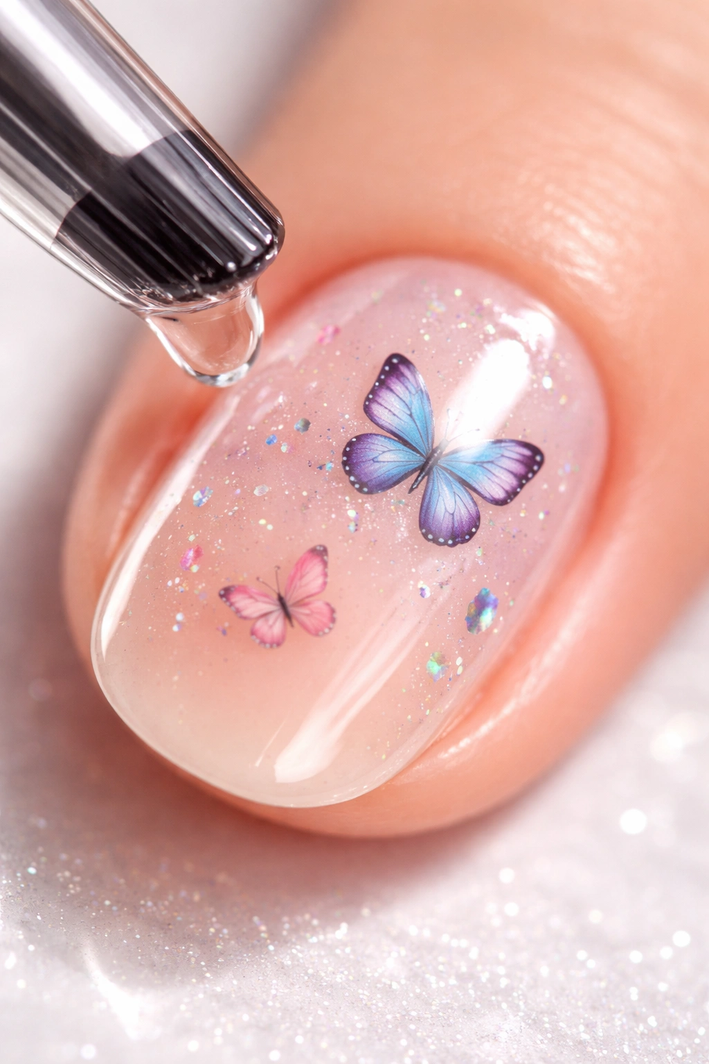 Close-up of a short oval nail with a glossy top coat and crisp edges