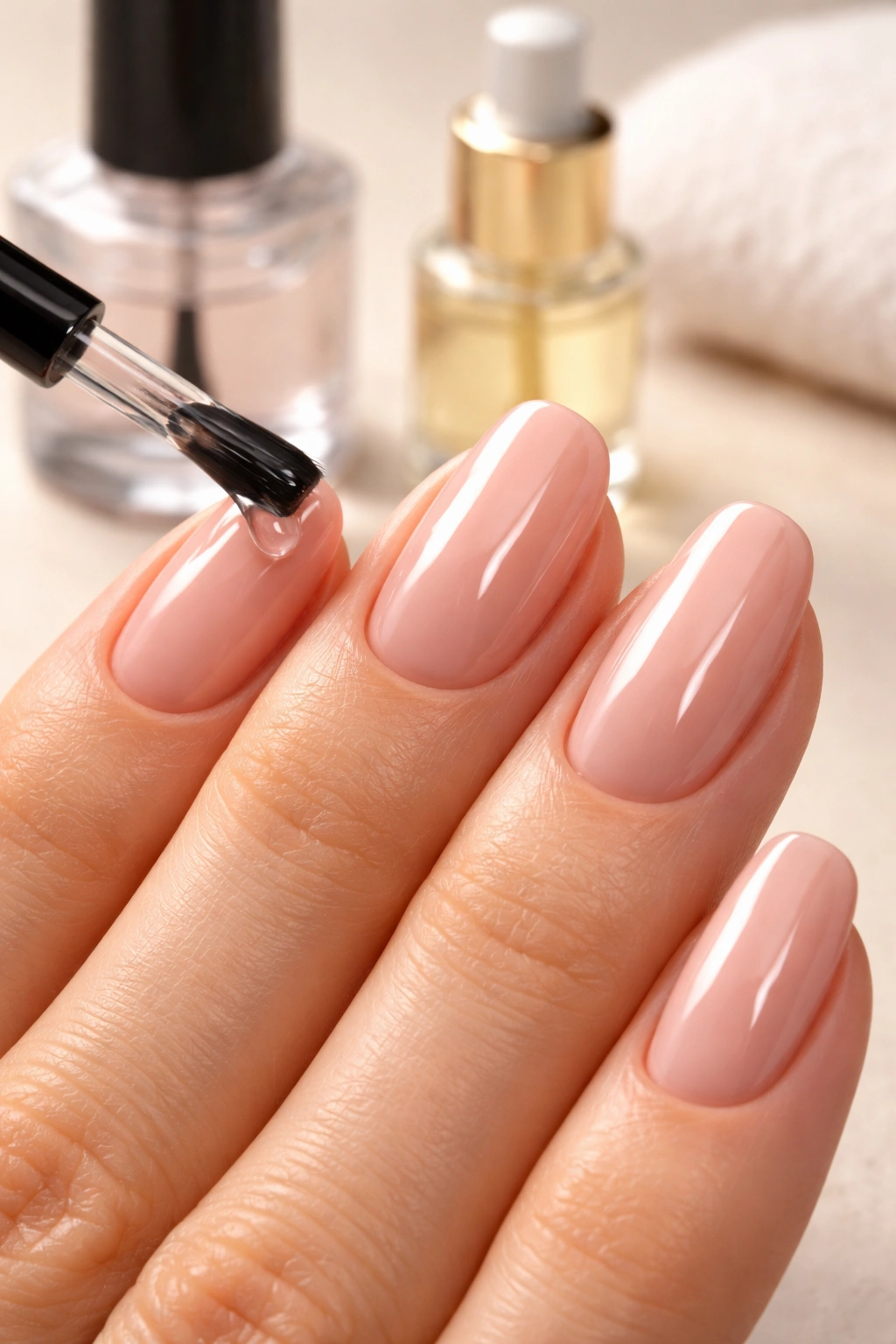 Close-up of a hand with polished nails and glossy top coat