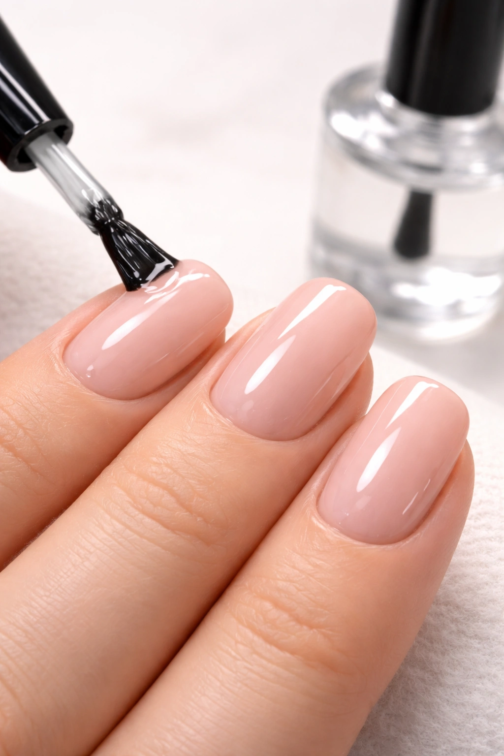 Nails with glossy top coat sealing the powder for a shiny finish