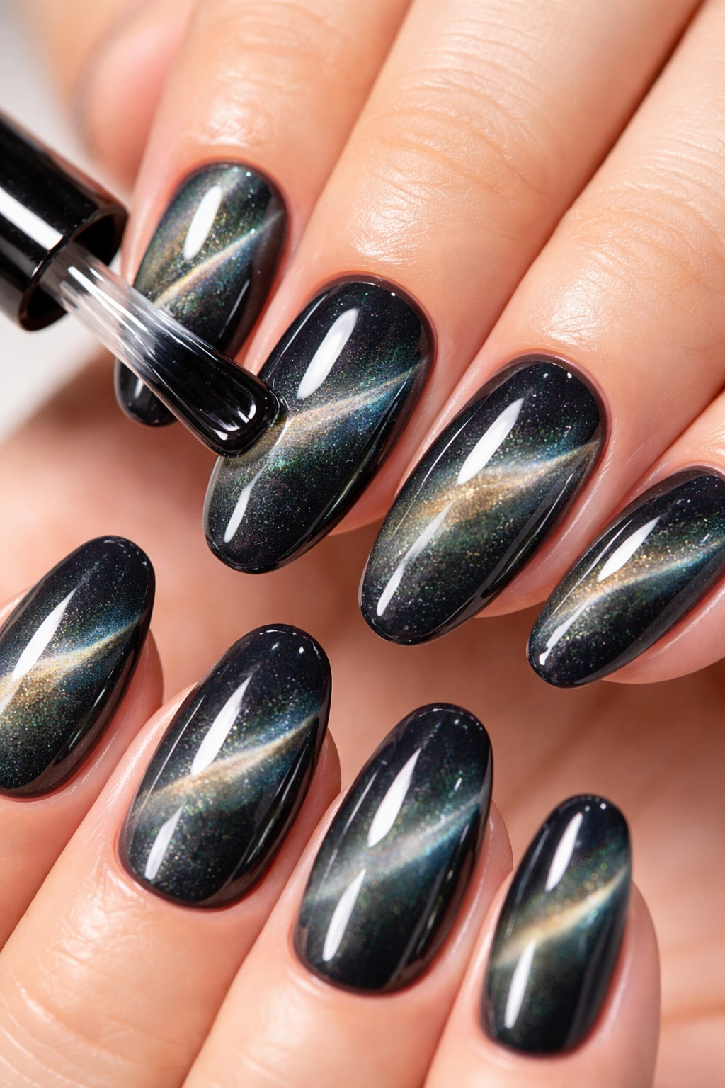Hand with glossy cat eye nails shine after top coat application