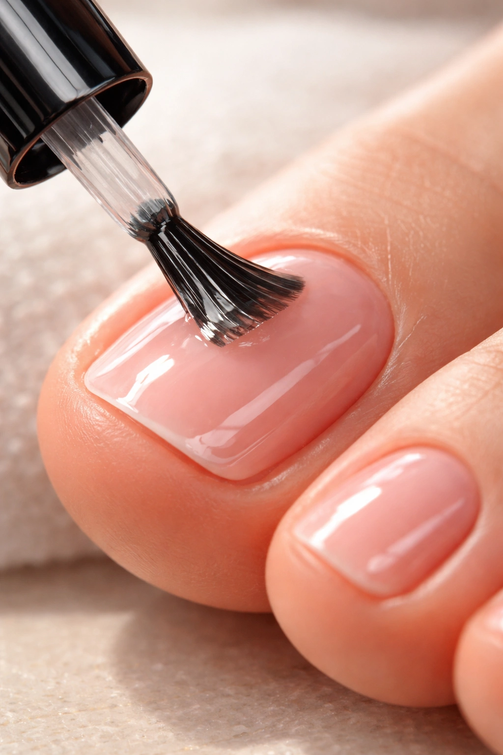 Close-up of a clear top coat brushed onto a toenail for shine and durability