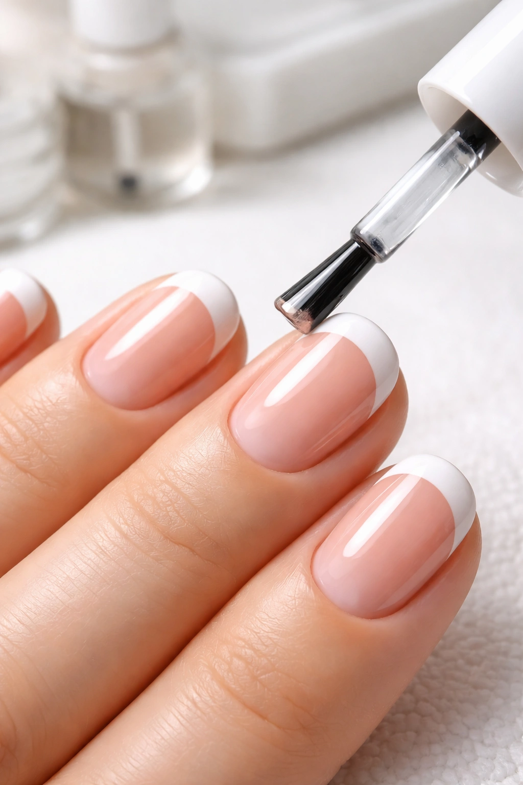 Hand applying top coat to nails, showcasing a glossy, protected French manicure