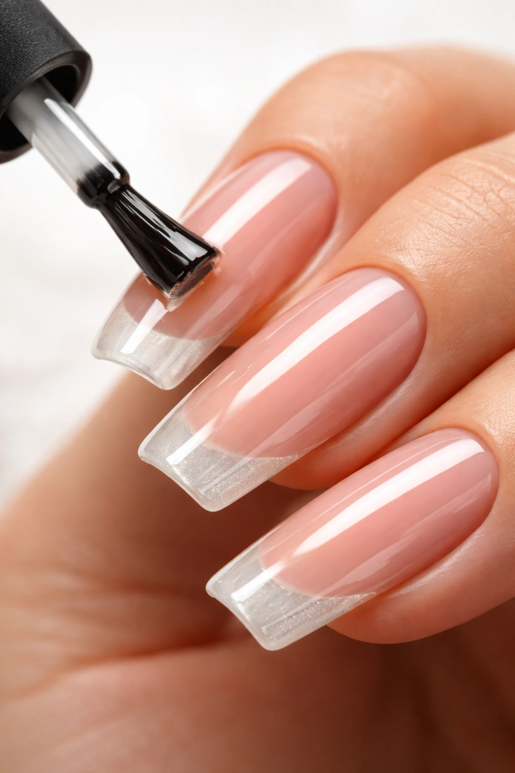 Top coat sealing long squoval nails at the tips