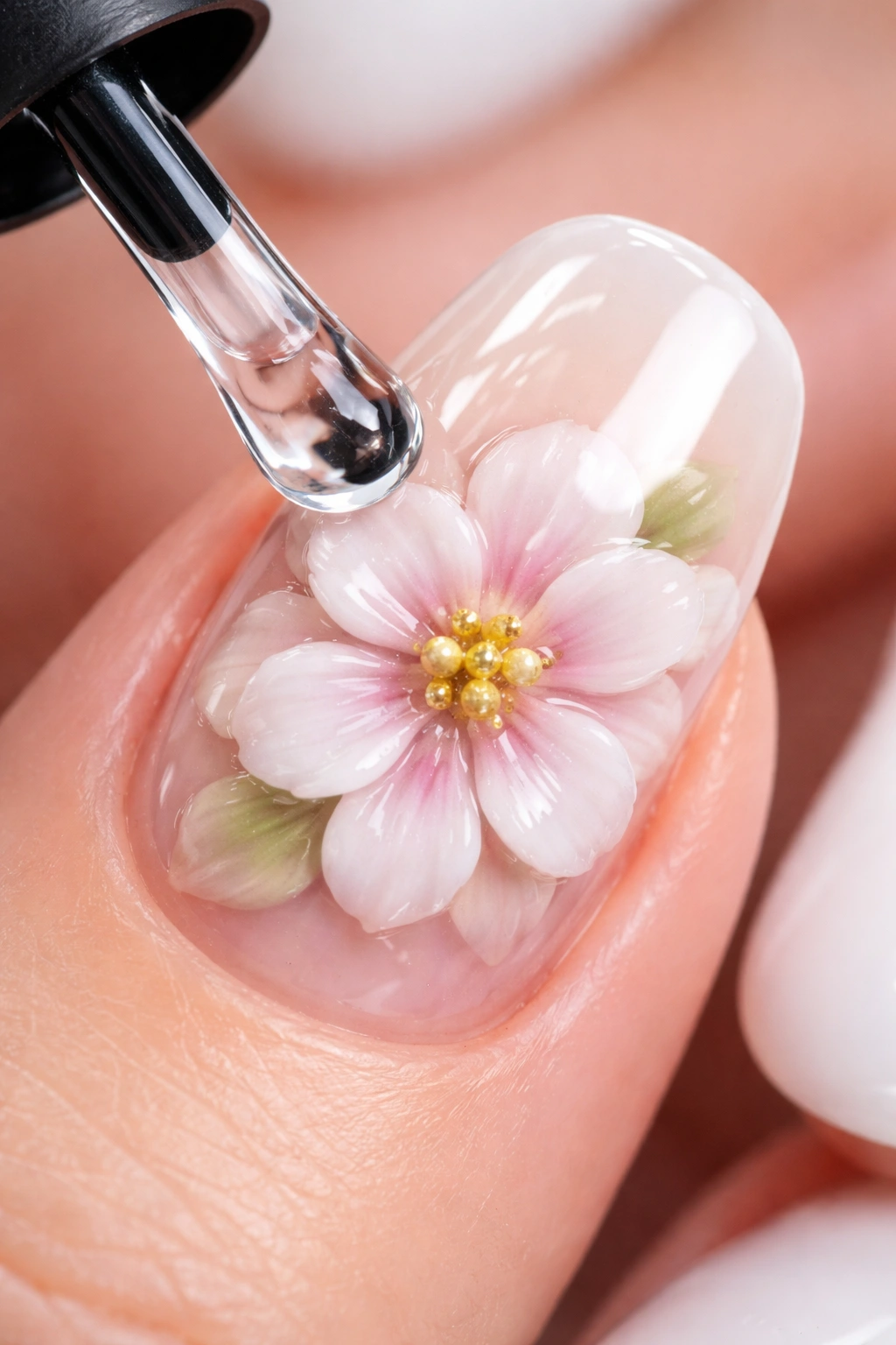 Nail with glossy top coat over 3D flower, high-shine finish