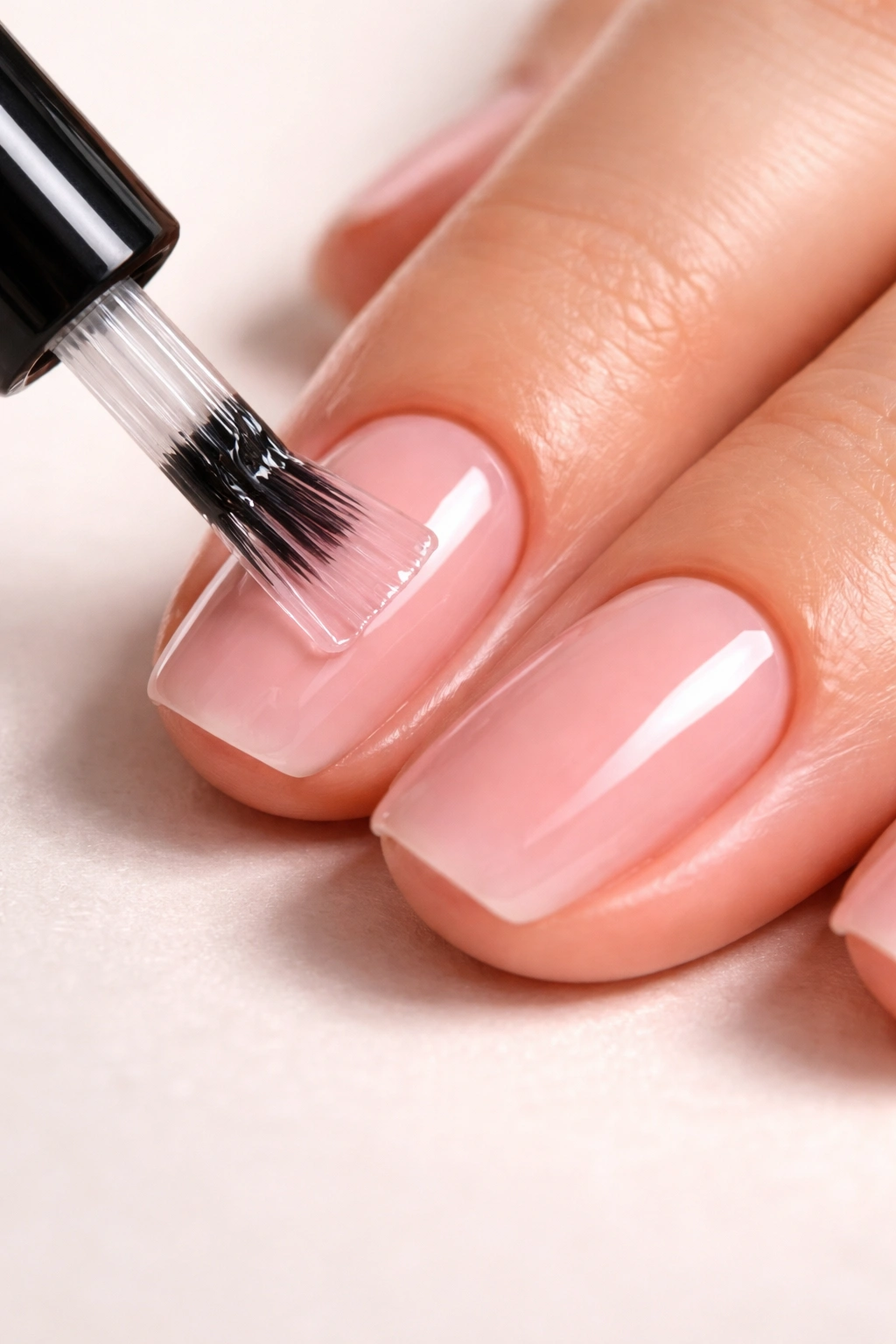 Nail being brushed with a clear top coat for shine and durability