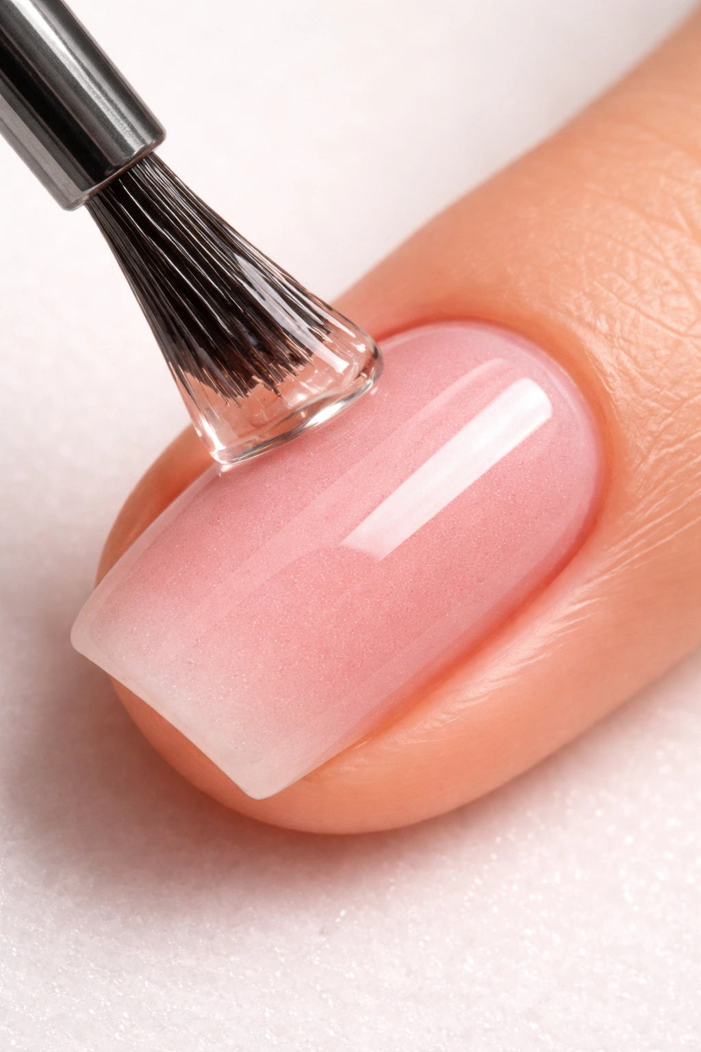 Close-up of top coat application for glass-like nail shine
