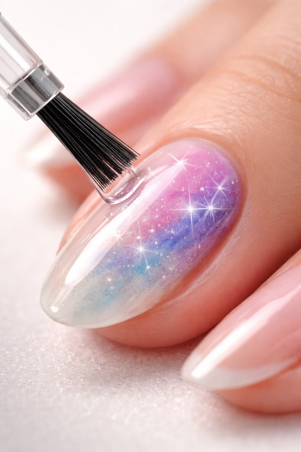 Close-up of nail being sealed with clear topcoat on airbrushed design