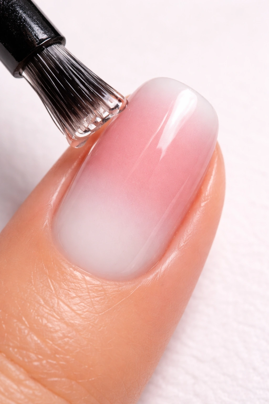 Close-up of a nail with a thick glossy top coat over an ombré gradient