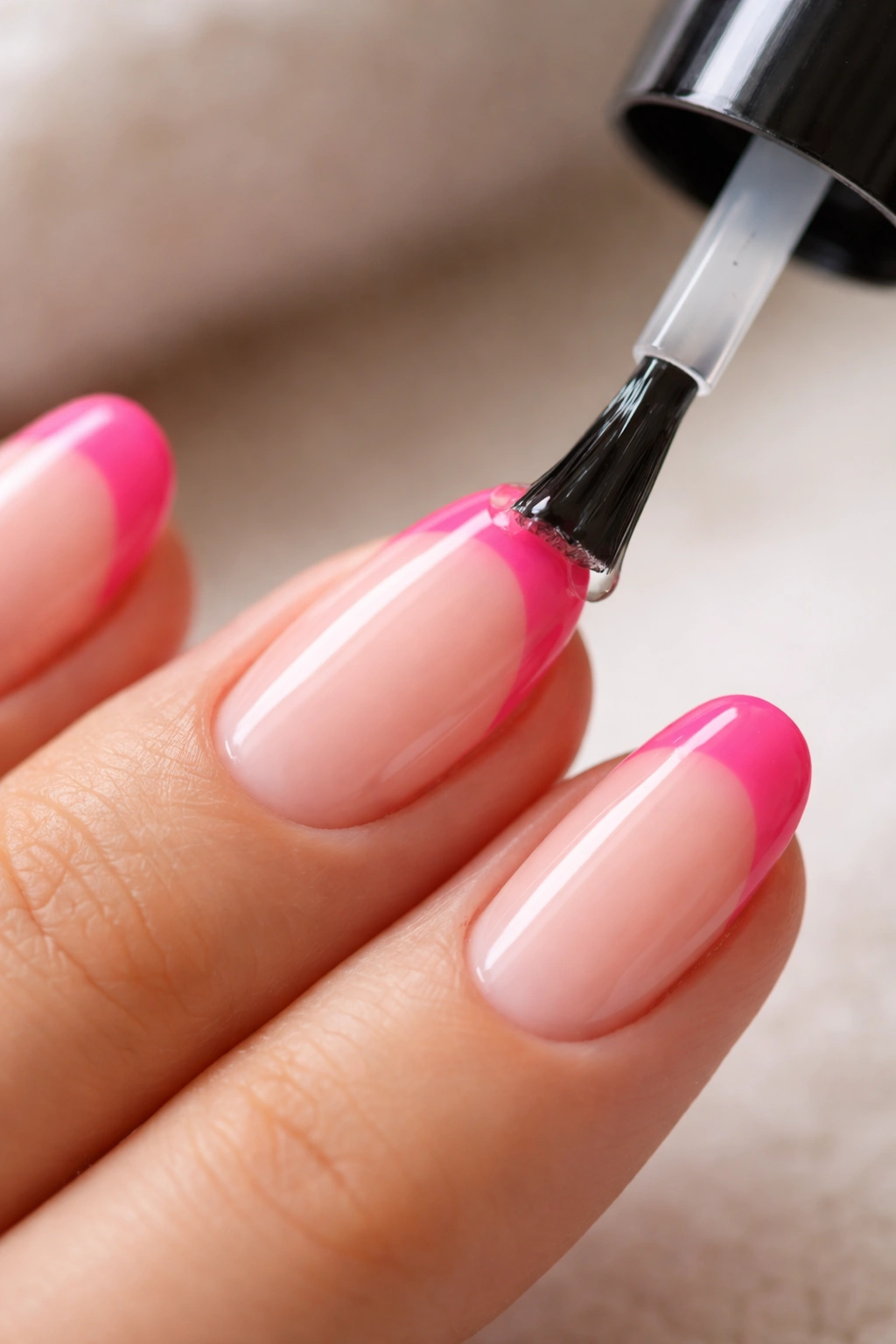 Applying topcoat along the tip edge of hot pink French nails.