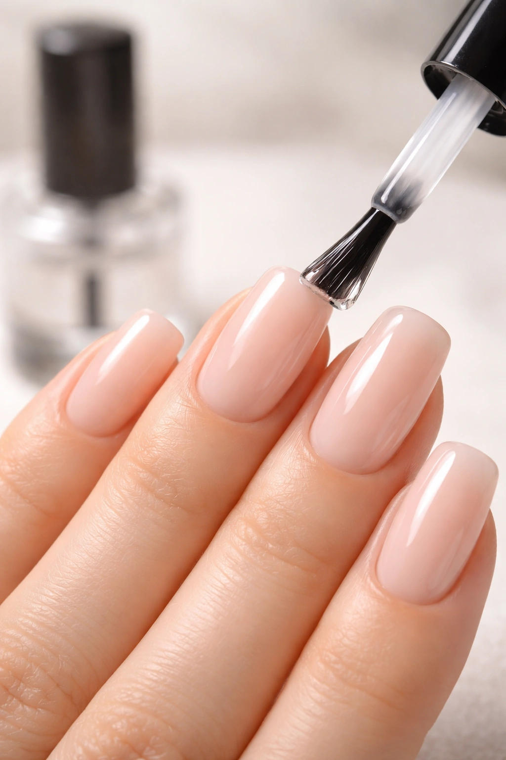 Close-up of soft square nails with glossy topcoat on pale nude color