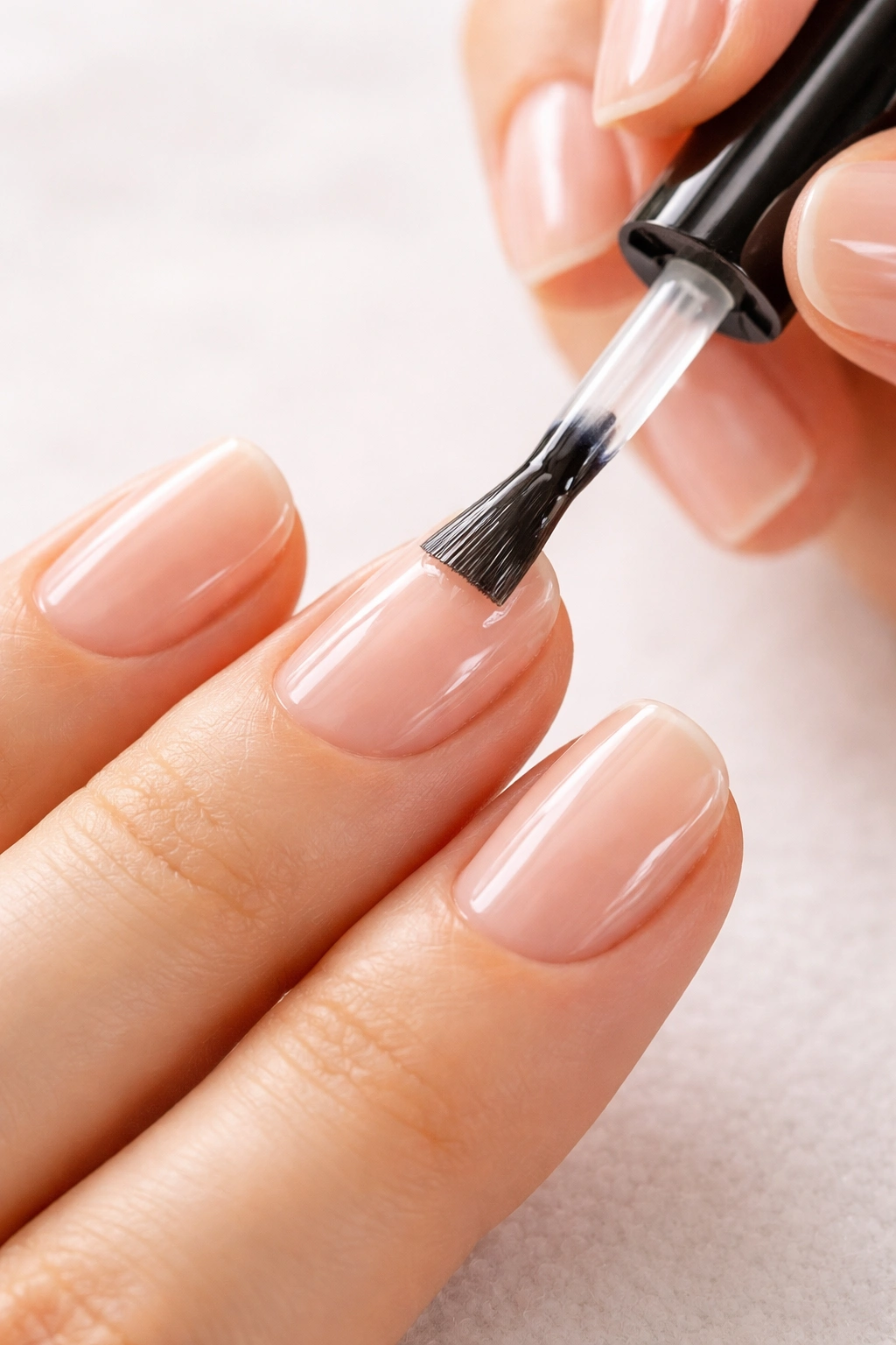 Close-up of hand applying a thin layer of clear top coat to nails