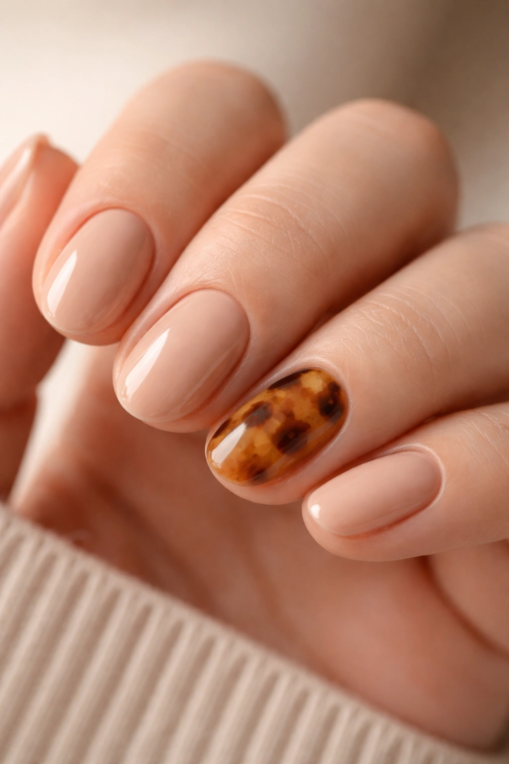 Close-up of a hand with a tortoiseshell accent nail on a short oval manicure against a neutral background
