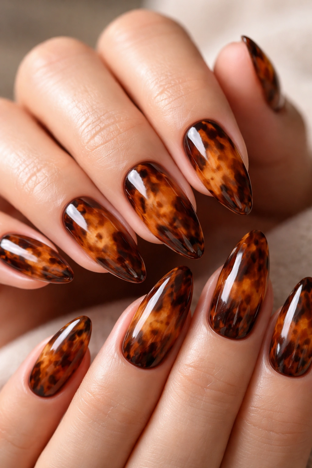 Close-up tortoiseshell almond nails with irregular amber and chocolate spots
