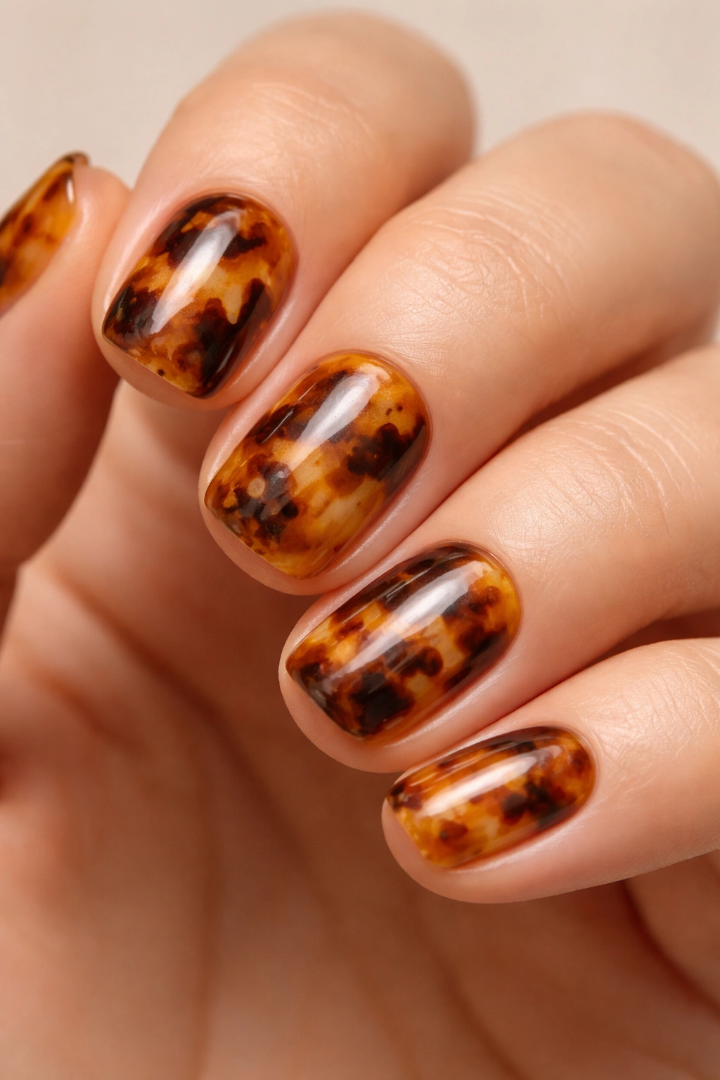 Close-up of short squoval nails with amber tortoiseshell pattern on neutral background