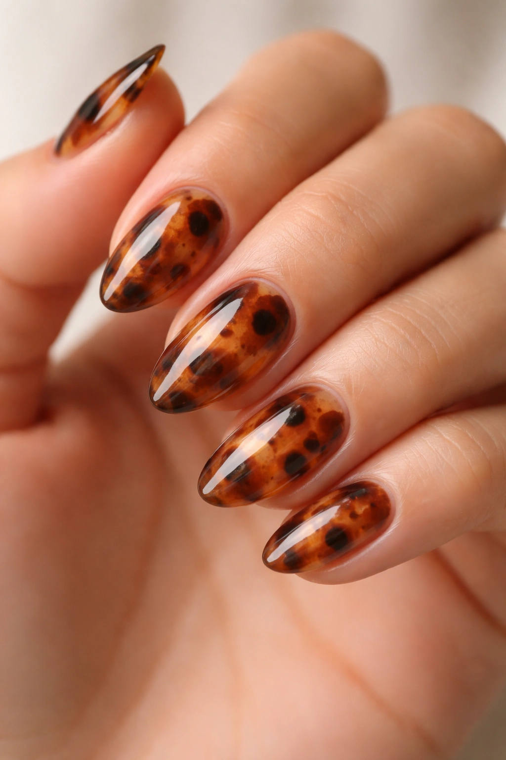 Close-up of tortoiseshell-inspired brown nails on short almond nails