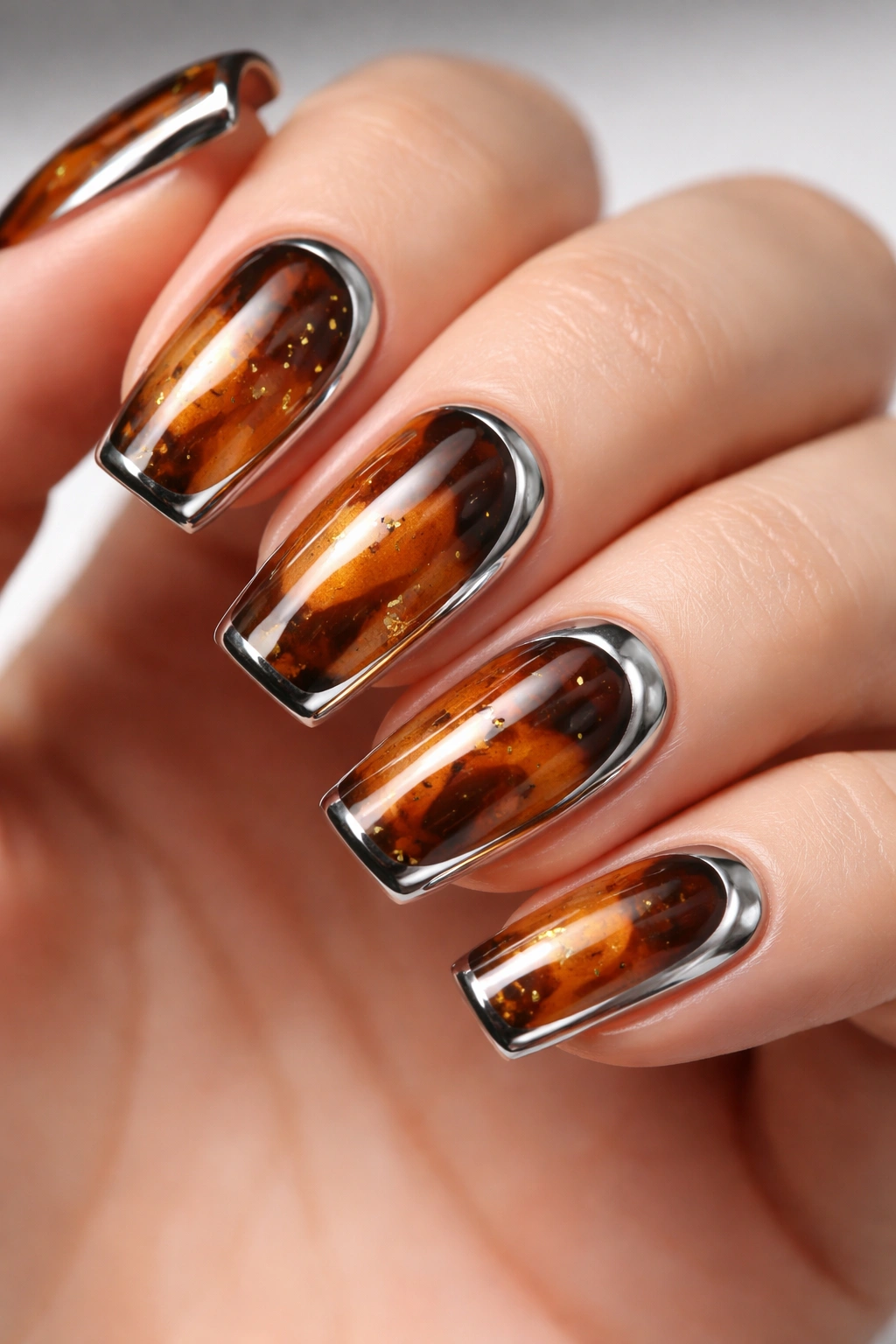 Close-up of tortoiseshell nails with chrome accents along edges.