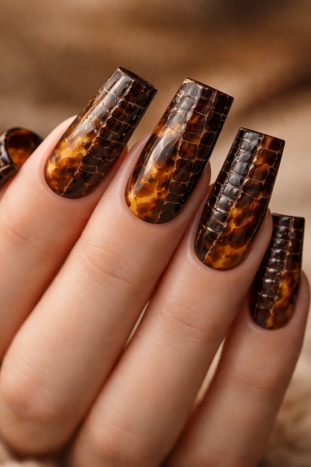 Nails with tortoiseshell base and croc texture split design
