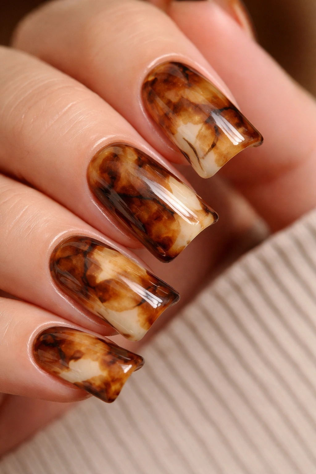 Tortoiseshell duck nails in warm browns and creams with veining