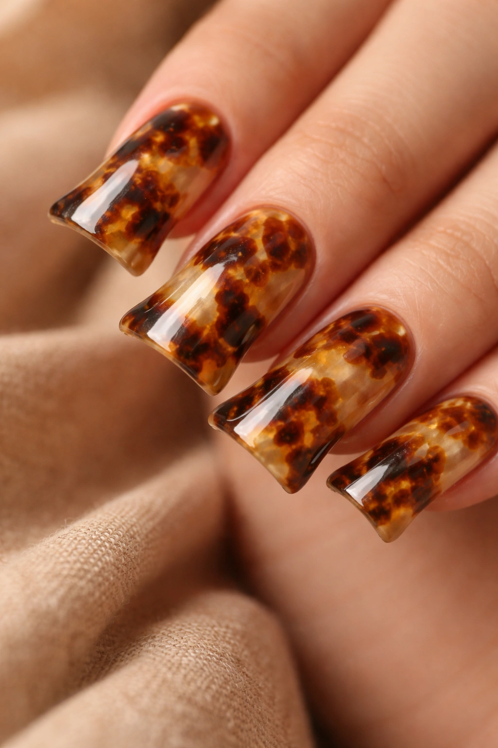Close-up of tortoiseshell duck nails with layered browns and golds