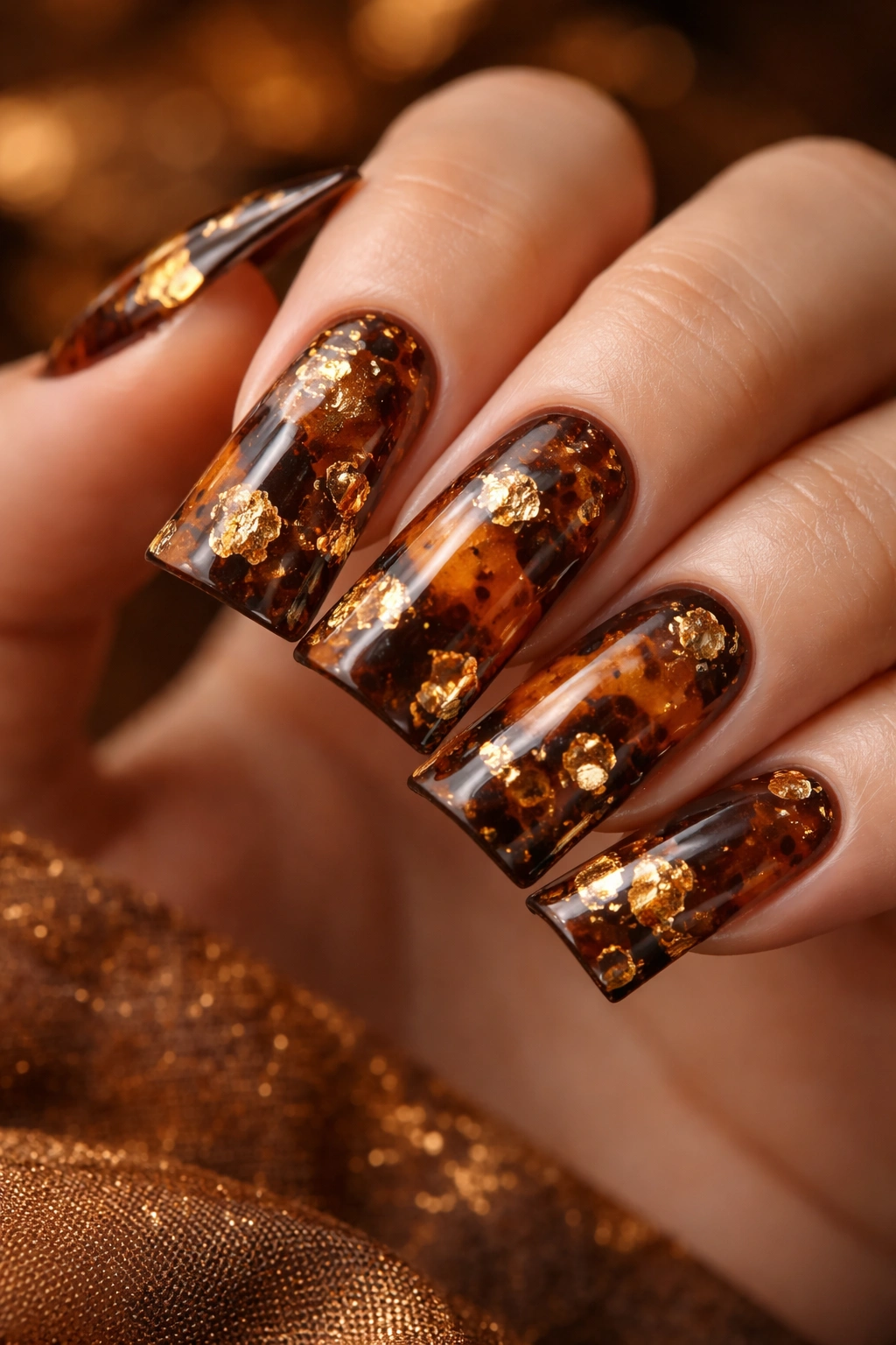 Tortoiseshell duck nails with gold foil flecks in warm tones