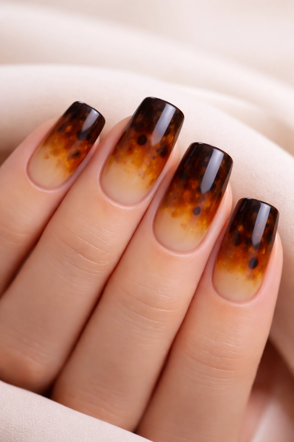 Five nails with a blended tortoiseshell gradient from light to dark