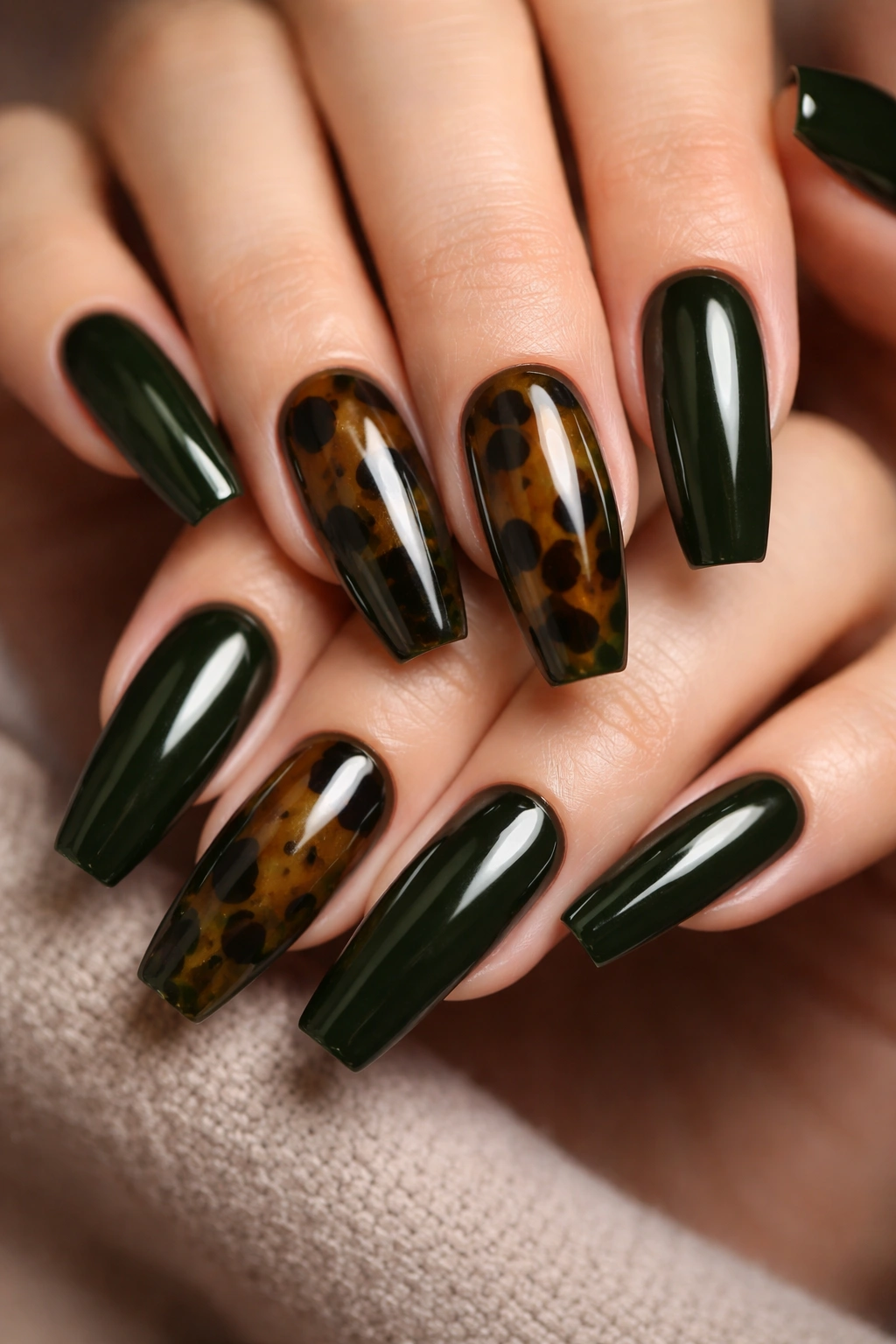 Close-up of nails with blackened green tortoiseshell accents on two nails and dark green nails