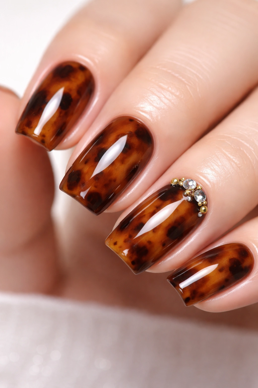 Tortoiseshell nails with small jewels placed off-center.