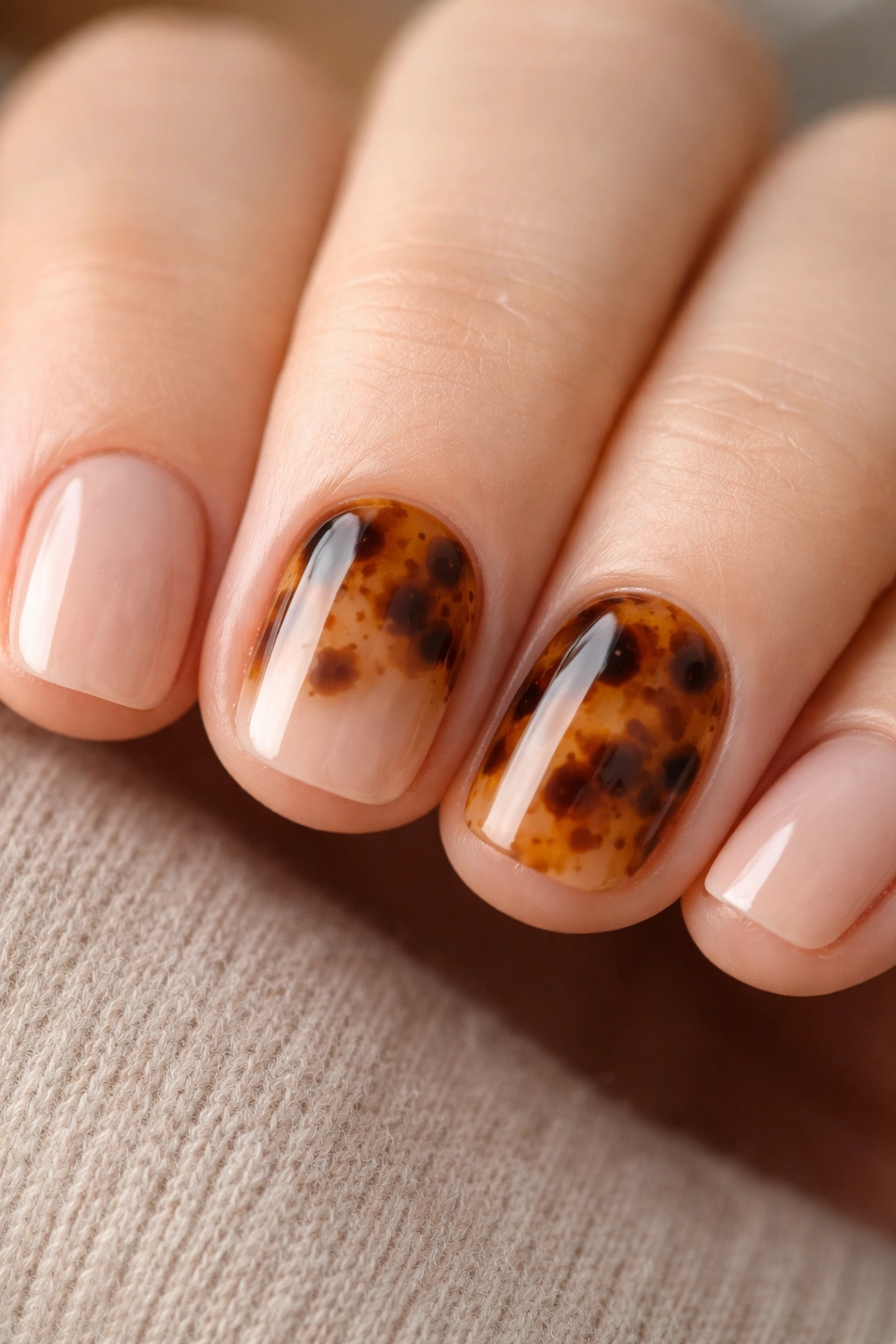 Two short nails with tortoiseshell accents on a neutral base