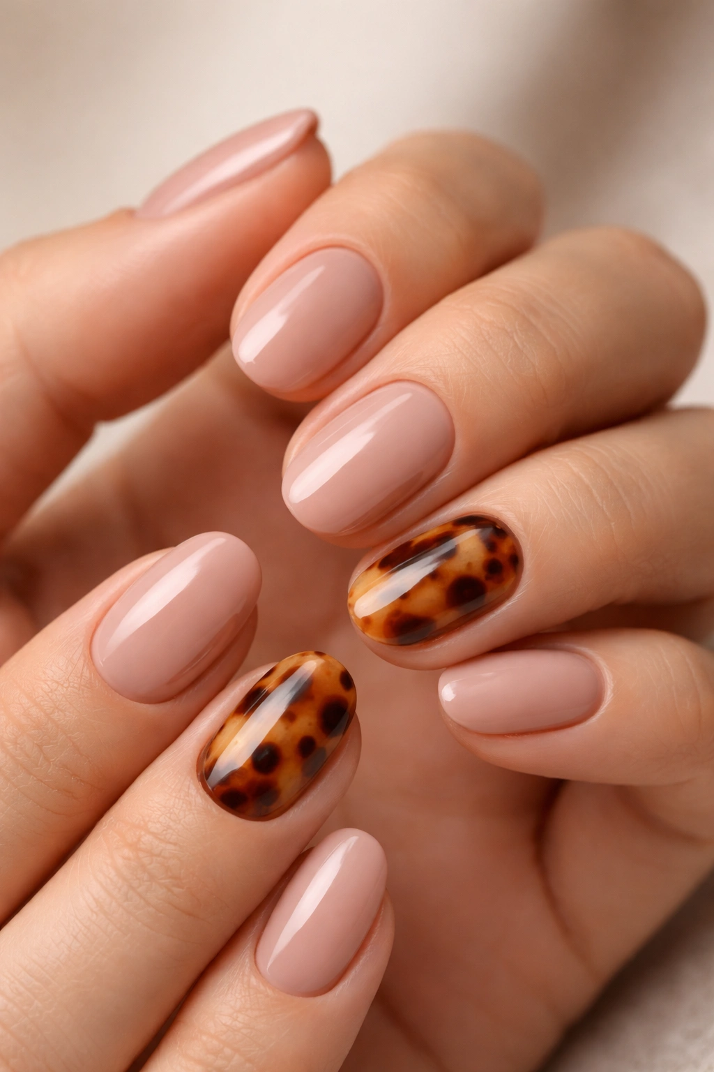 Close-up of short oval nails showing a tortoiseshell accent on one nail with a glossy finish