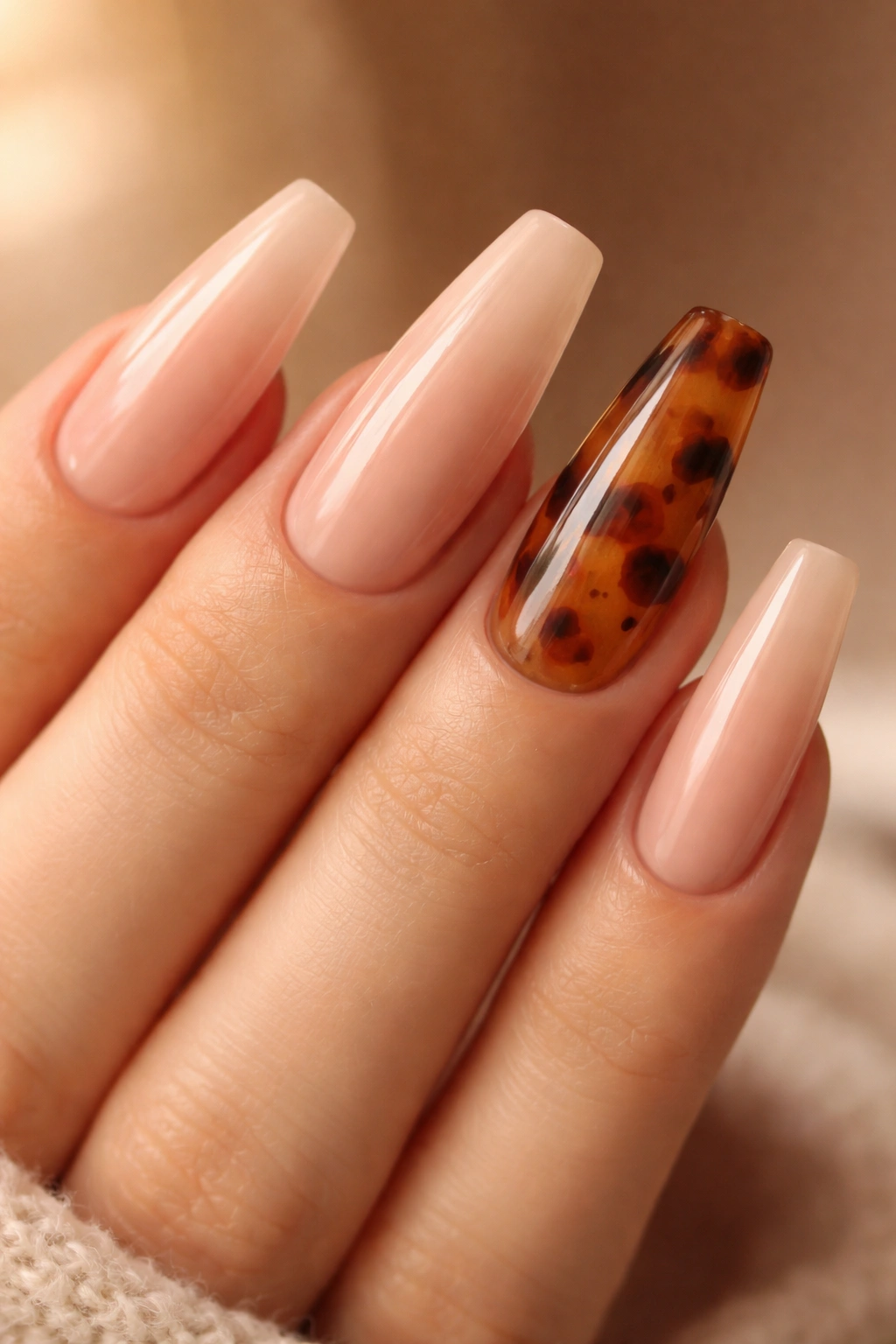 Tortoiseshell accent nails on a ballerina shape with warm nude background