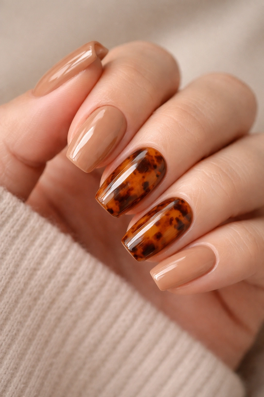 Short ballerina nails with tortoiseshell accents on accent nails against a neutral background