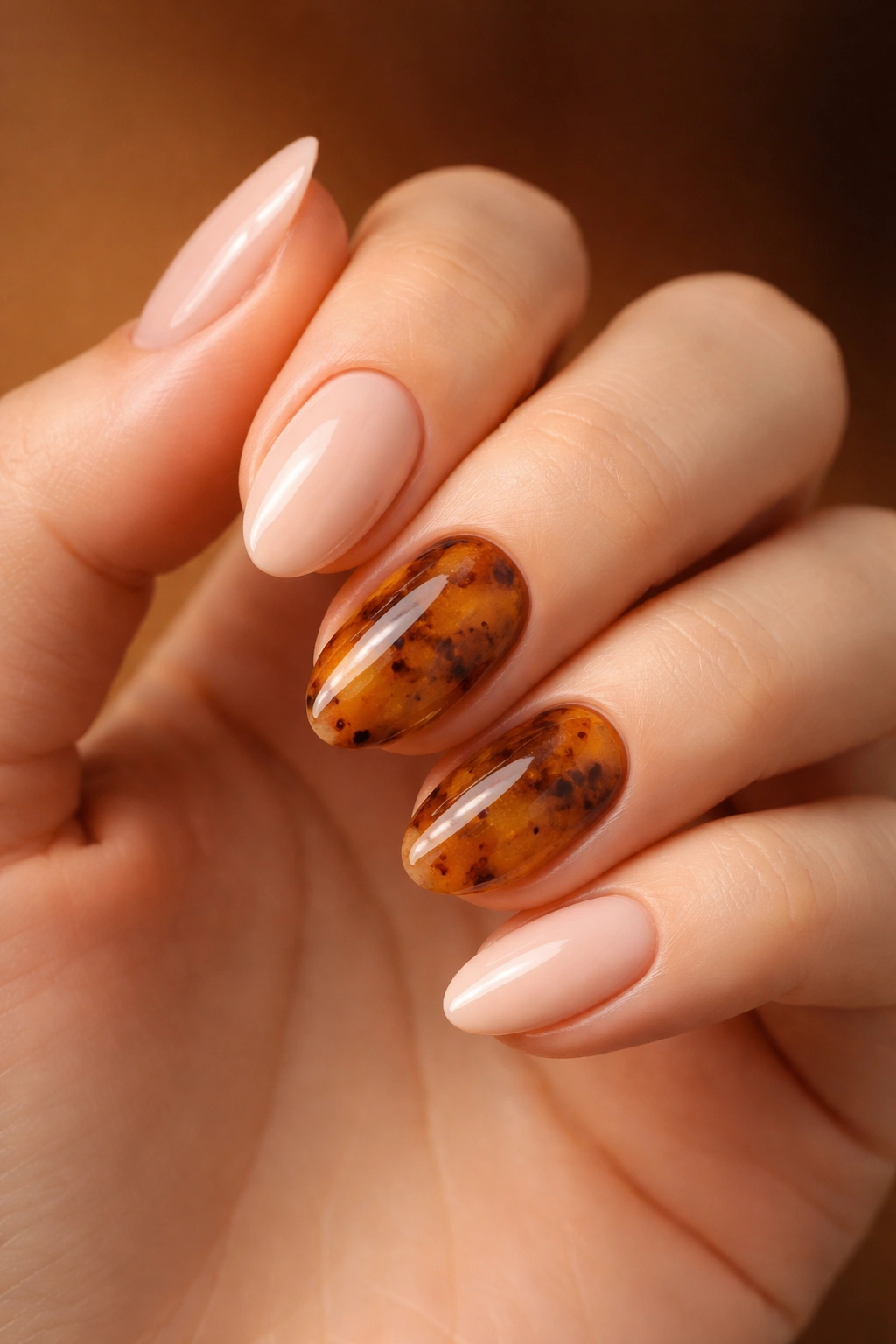 Close-up of short almond nails with tortoiseshell accent on one nail.